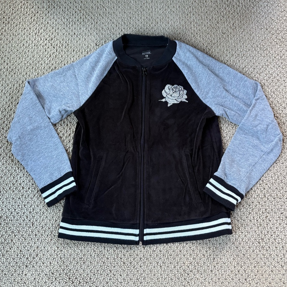 Justice Zip Up Kids Size 12 Sweatshirt with a Sparkly Rose Design